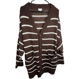 LuLaRoe Brown and White Striped Button Up Cardigan With Pockets